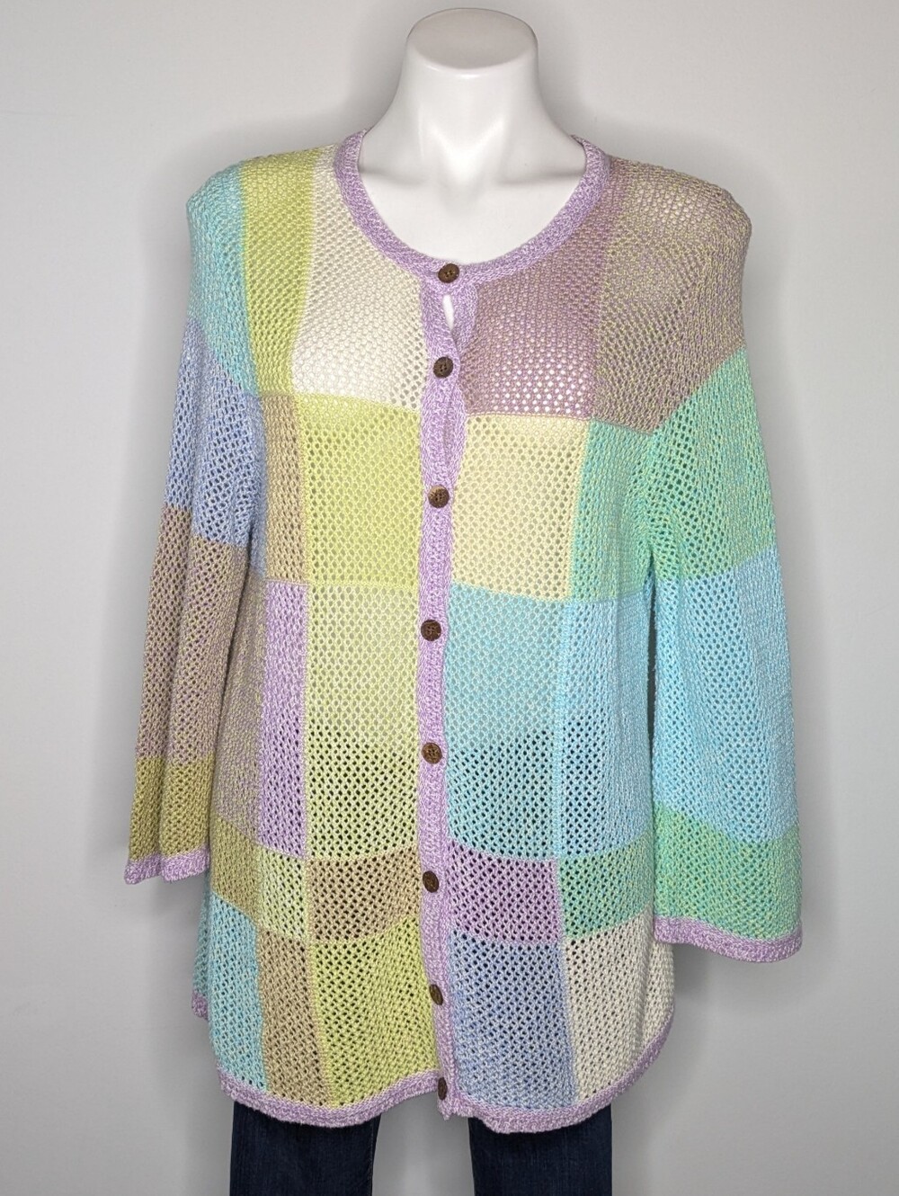 CJ Banks Pastel Yellow Purple Loose Knit Sheer Long Sleeve Button Up Cardigan 1X